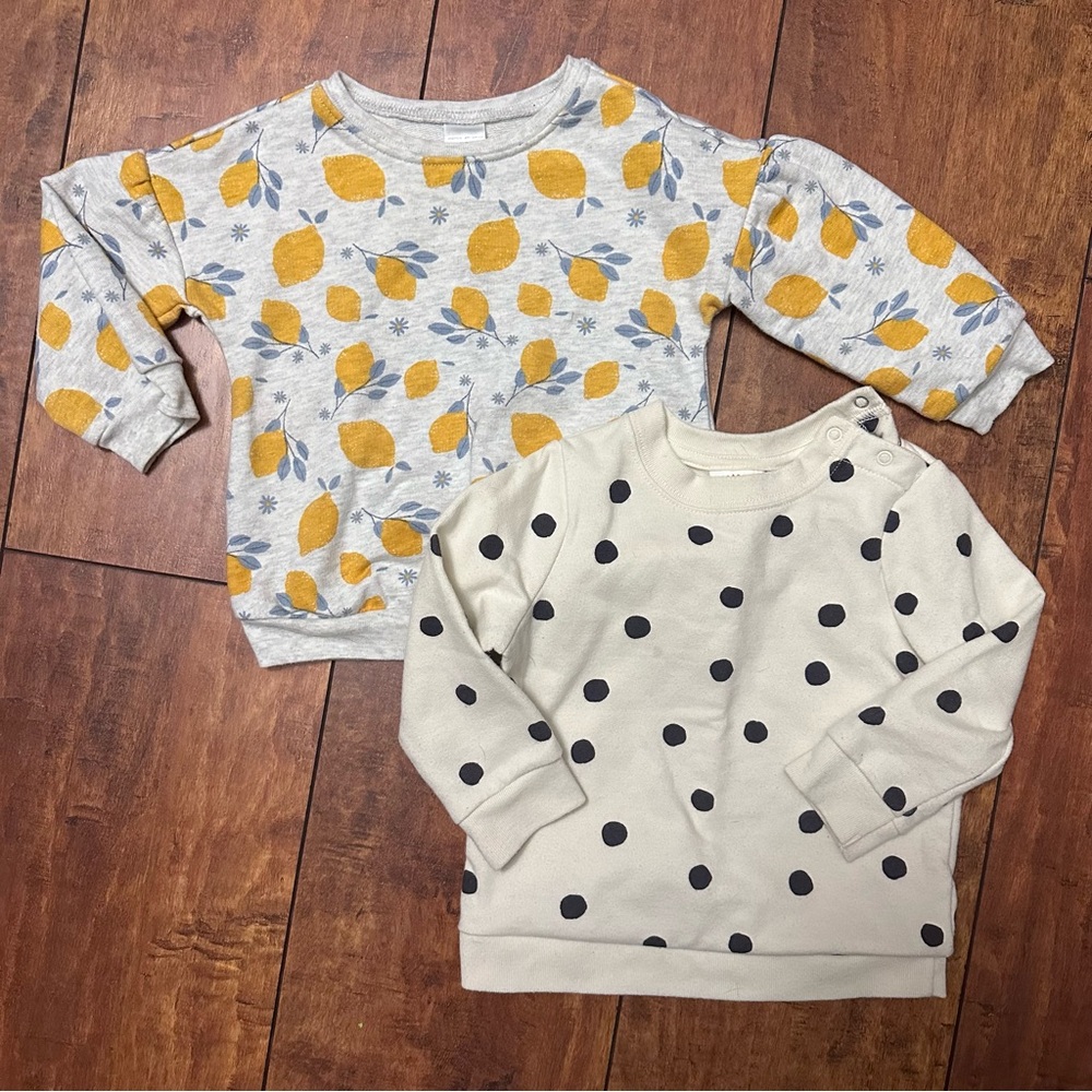 Grey & lemon sweatshirt / cream and black polka dot sweatshirt -  12 months